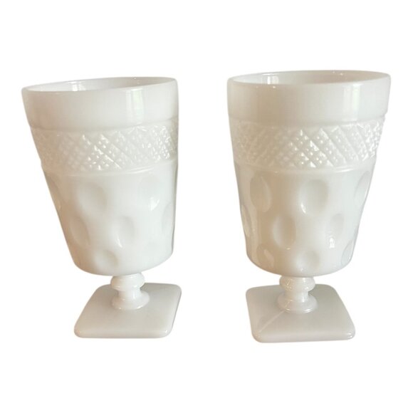 Vtg Milk Glass Goblets Set Of 2 With Diamond & Thumbprint Pattern Pedestal 5.5" - Picture 1 of 6